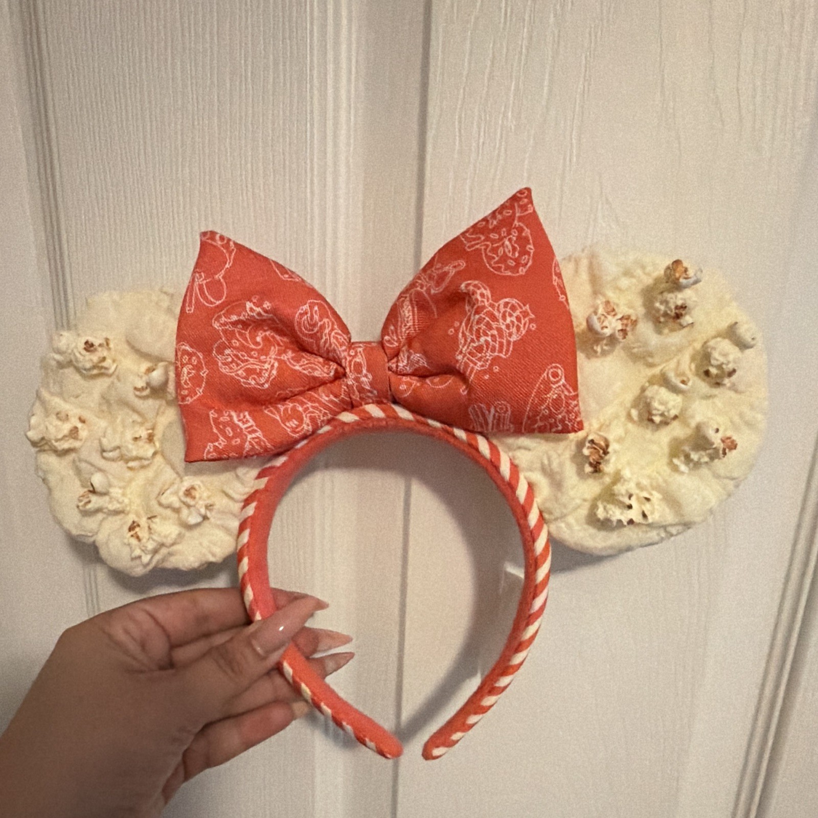 Orange & White Fabric Headband with Cream Popcorn Ears and Bow Accent