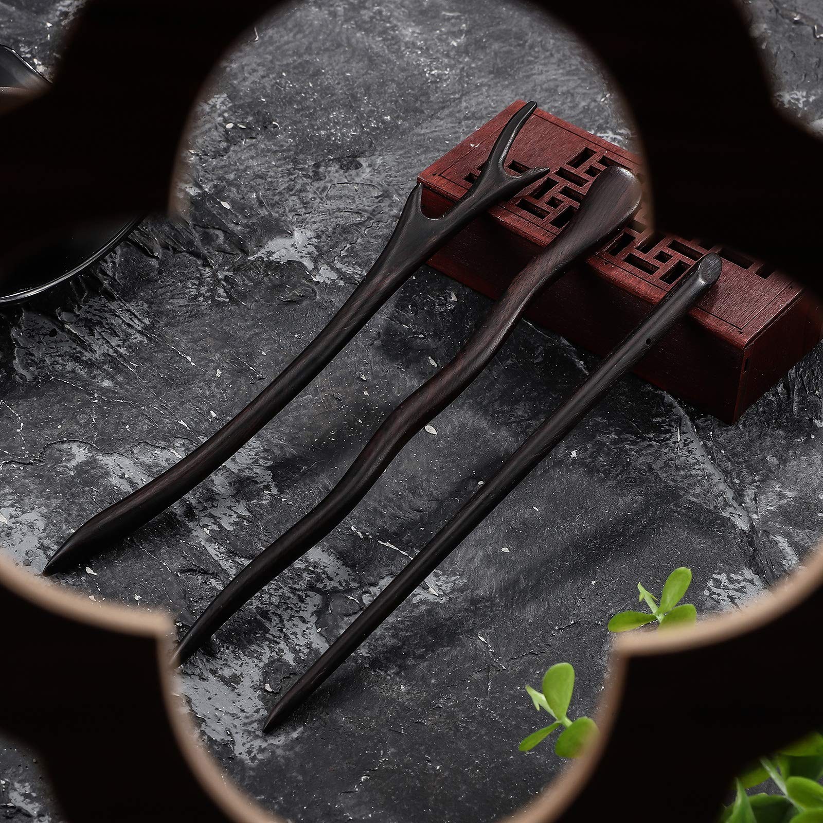 3 Pack Carved Wooden Hair Sticks 7.1in Sandalwood Ebony Chopsticks for Buns
