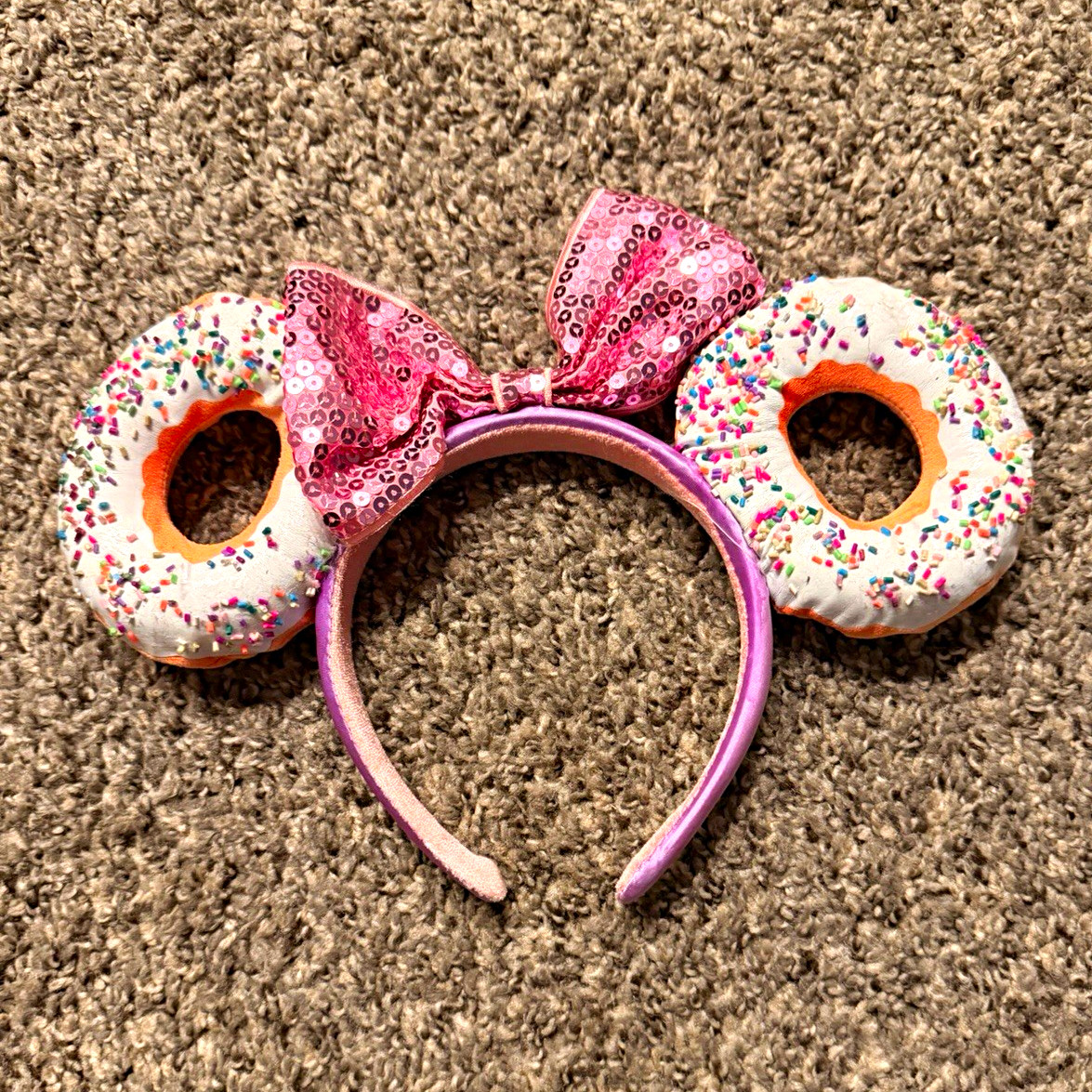 Donut Ears Headband with Sequin Bow, Padded Pink/White/Tan Sprinkles Fabric