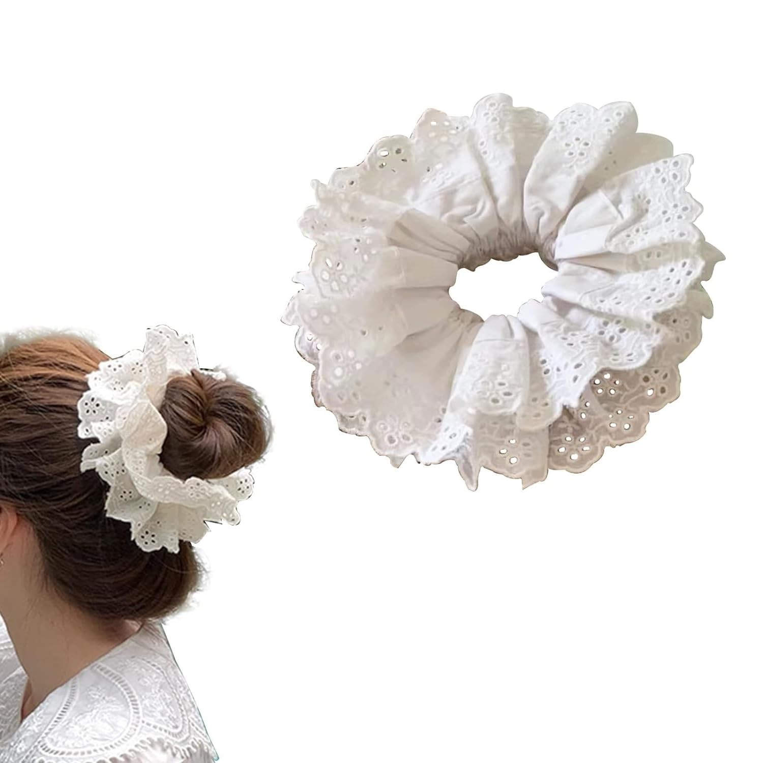 1 PCS White Lace Hair Scrunchies Premium Fabric Ponytail Holder Accessories
