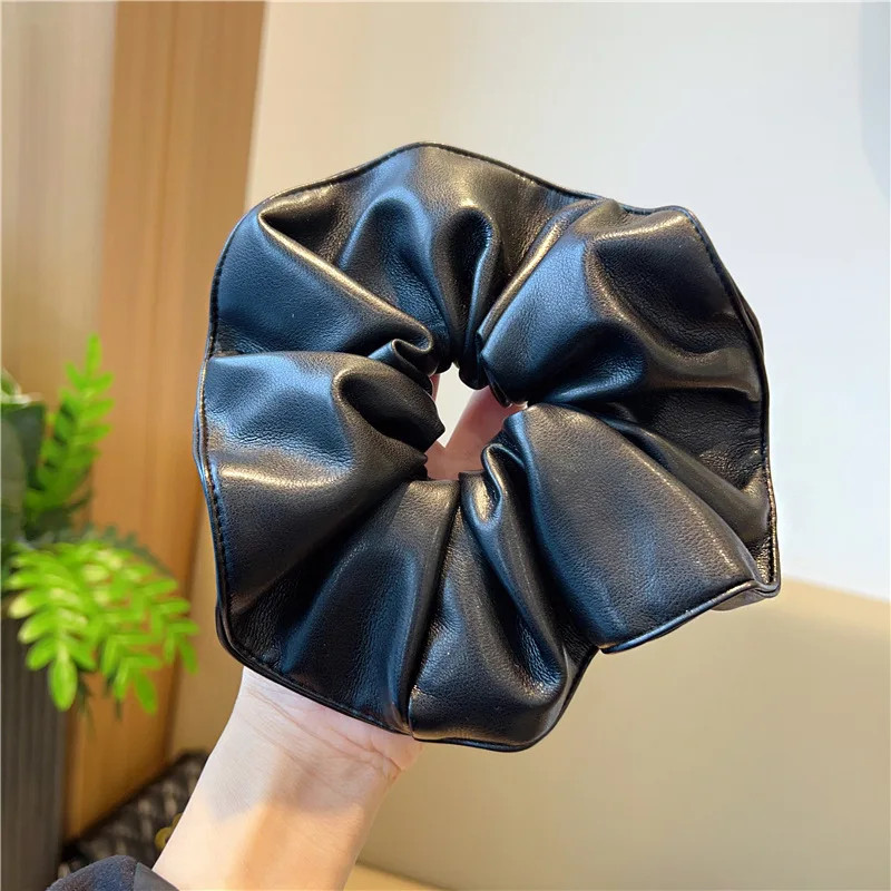 Luxury Oversized PU Leather Hair Scrunchies Autumn Winter Solid Color Big Hair T