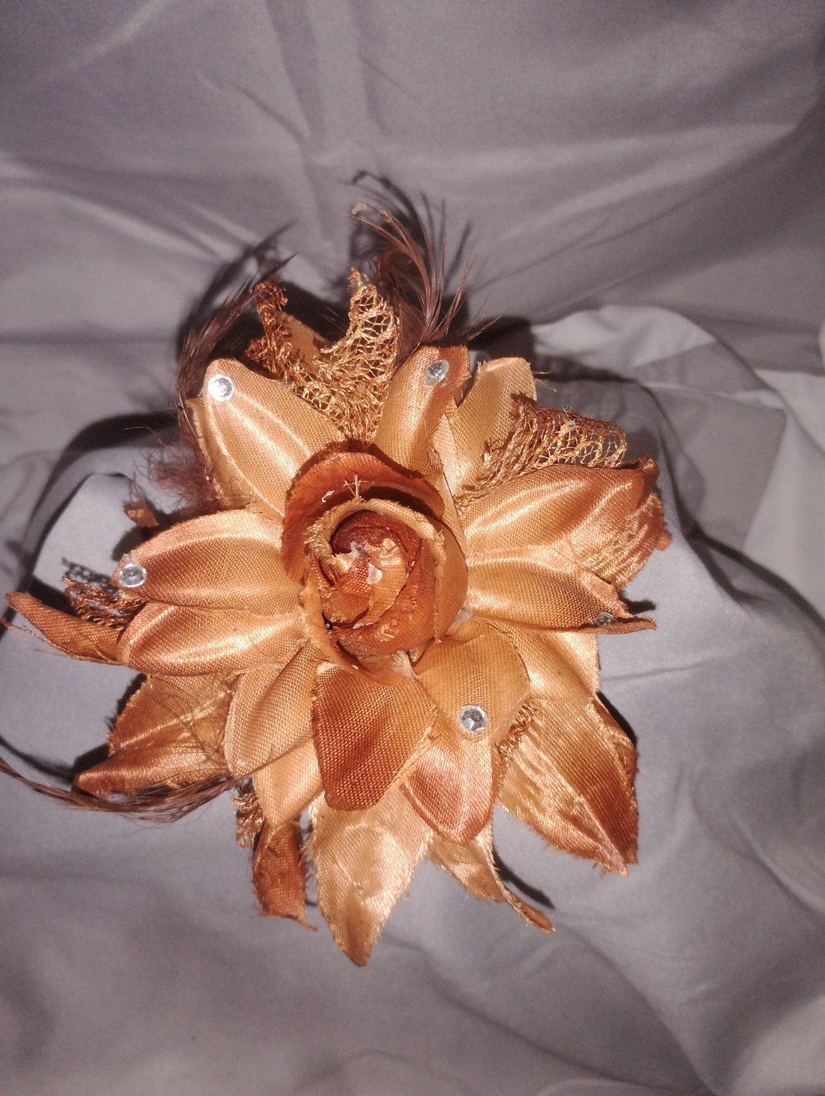 Gold & Brown Fabric Flower Hair Clip Barrette w/ Feather Beaded Accents