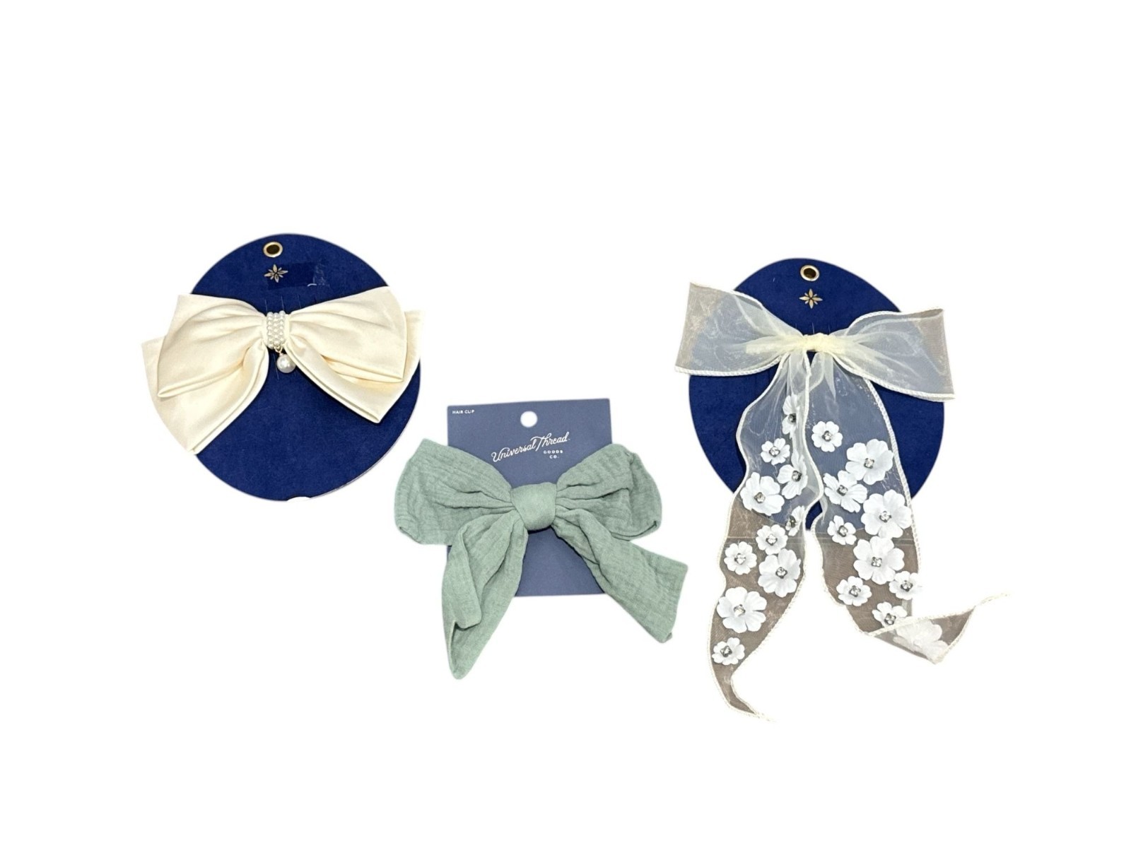Set Of 3 Women’s Hair Bows – Satin, Mesh & Cotton