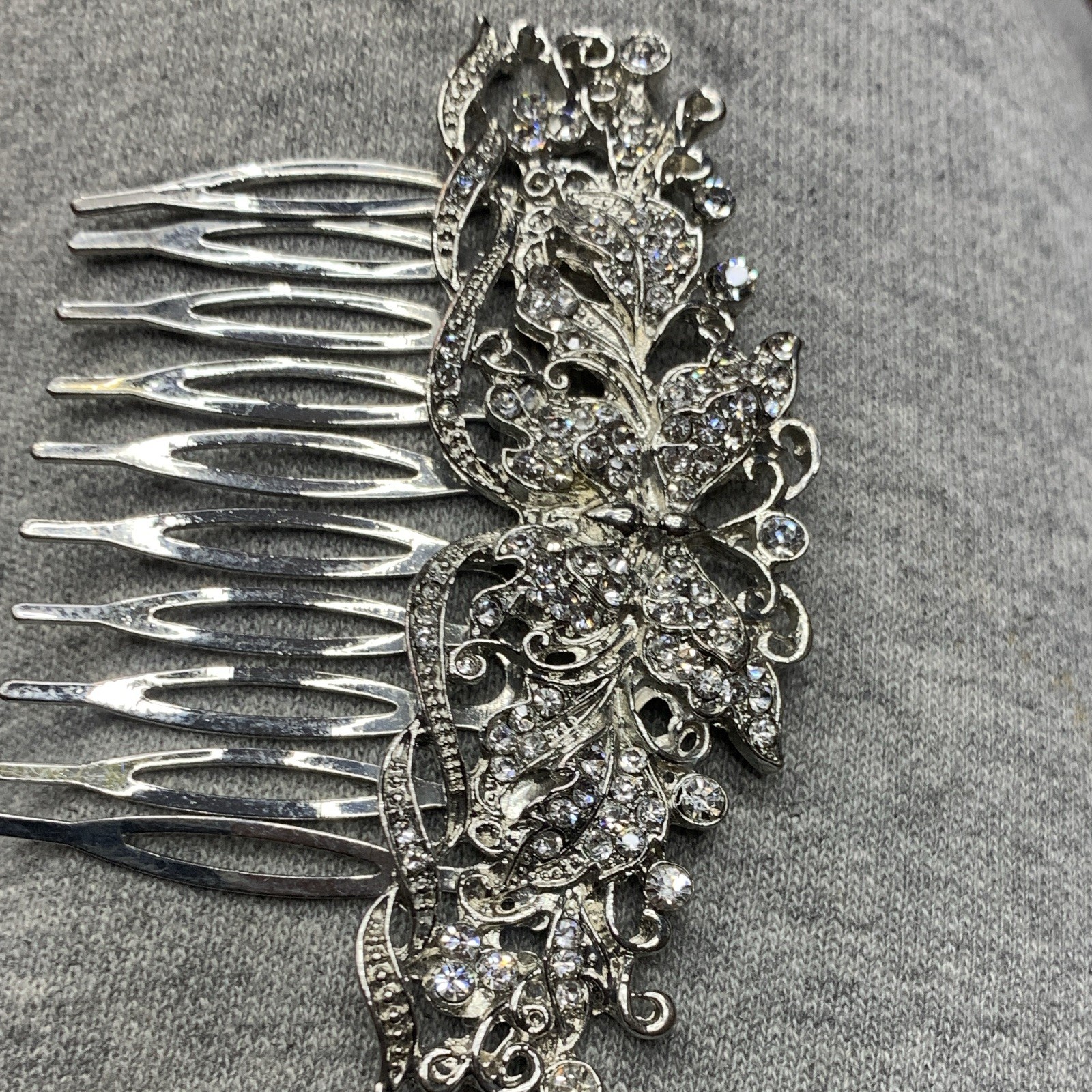 Silver Rhinestone Floral Flower Hair Comb, Wedding Formal Decorative Metal