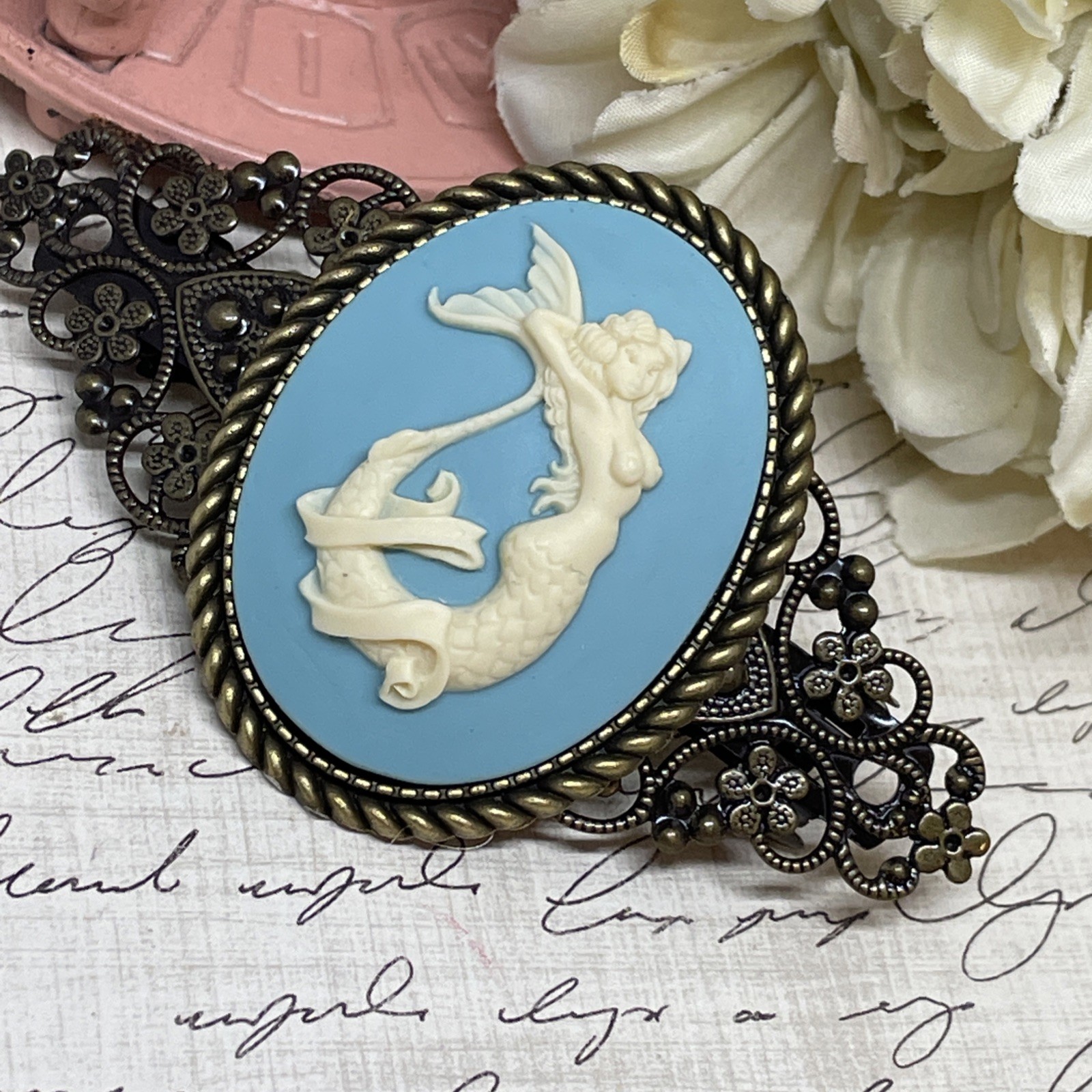 Beach Mermaid VALENTINE Gift Mom Wife Bride Cameo Pin Hair Clip Jewelry Sea Life