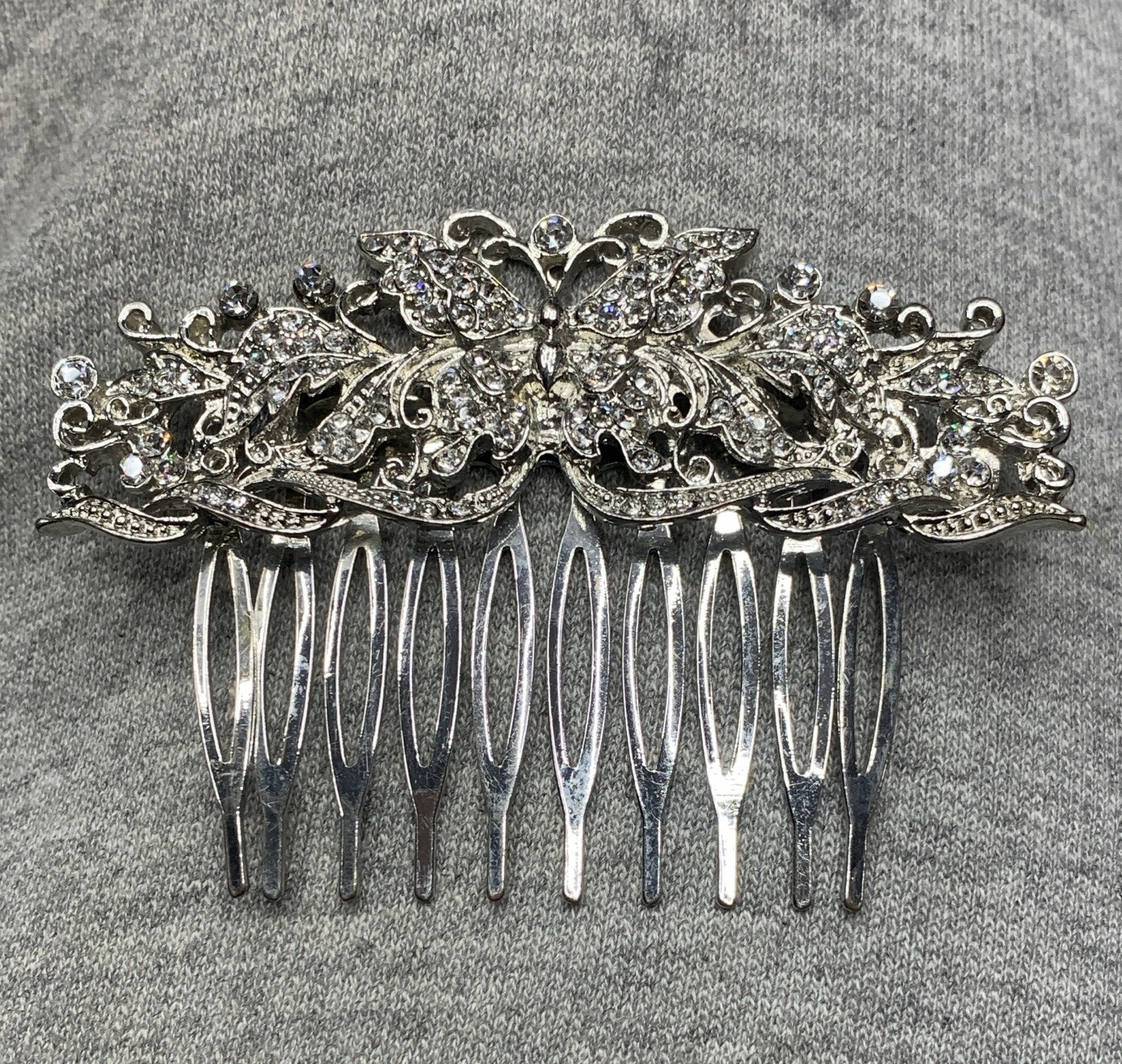 Silver Rhinestone Floral Flower Hair Comb, Wedding Formal Decorative Metal
