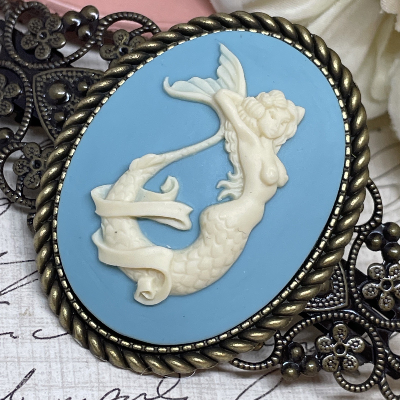 Beach Mermaid VALENTINE Gift Mom Wife Bride Cameo Pin Hair Clip Jewelry Sea Life