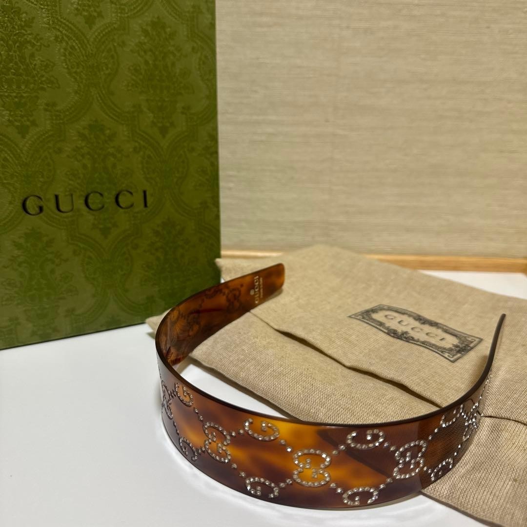 GUCCI Tortoiseshell Style Resin Headband GG Crystal Logo Hair Band Used JAPAN