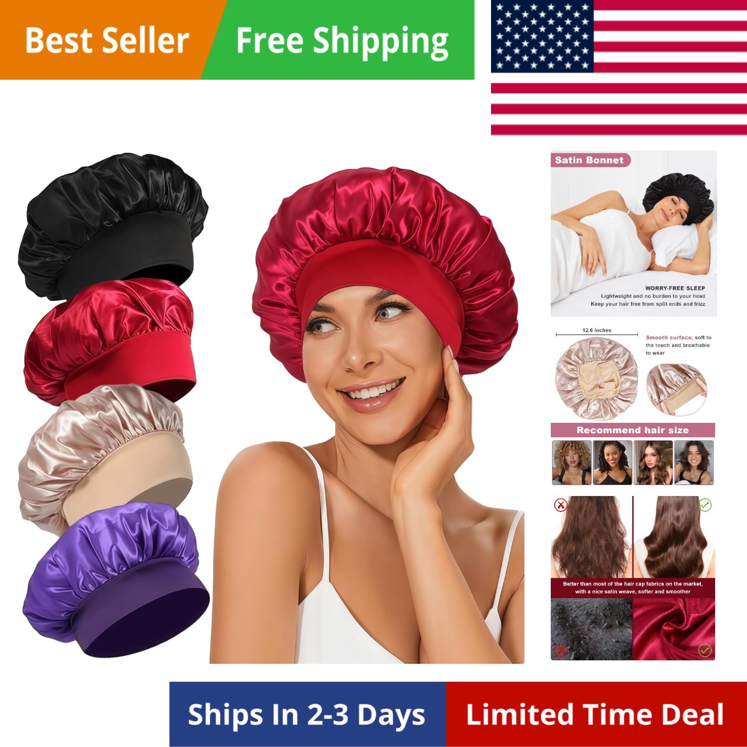 Silk Hair Bonnets Set for Sleeping, Satin Wraps for Curly Hair, 4 Styles