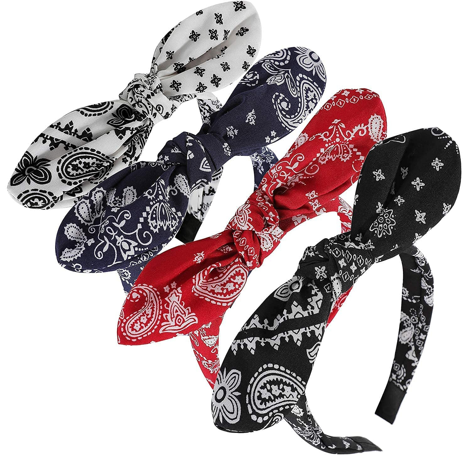4 Pack Bandana Headbands for Women and Girls Bow Headbands Paisley Print Bowknot