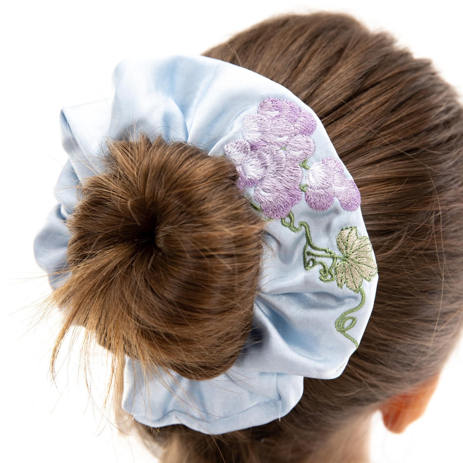 Burgundy Scrunched Fabric Floral Pattern Silk Hair Ties Scrunchies Embroidery