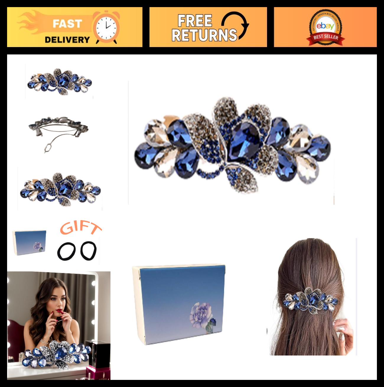 Elegant Crystal Hairpin with Box – Blue Silver Rhinestone Flower Barrette, Large