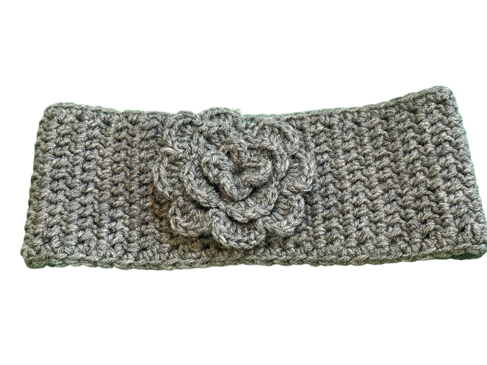 Handmade Crochet Ear Warmer Headband Gray Knit Flower Button Winter