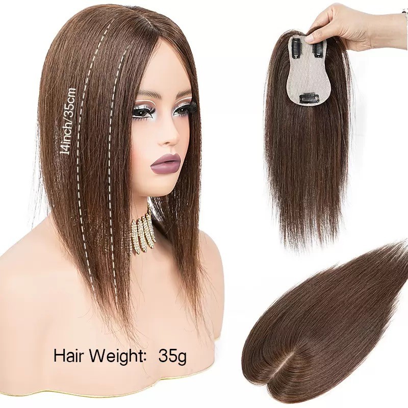 2.75″x4.3″Needlling Silk Effect 100% Human Hair Topper for Women Clip in 8″~14″