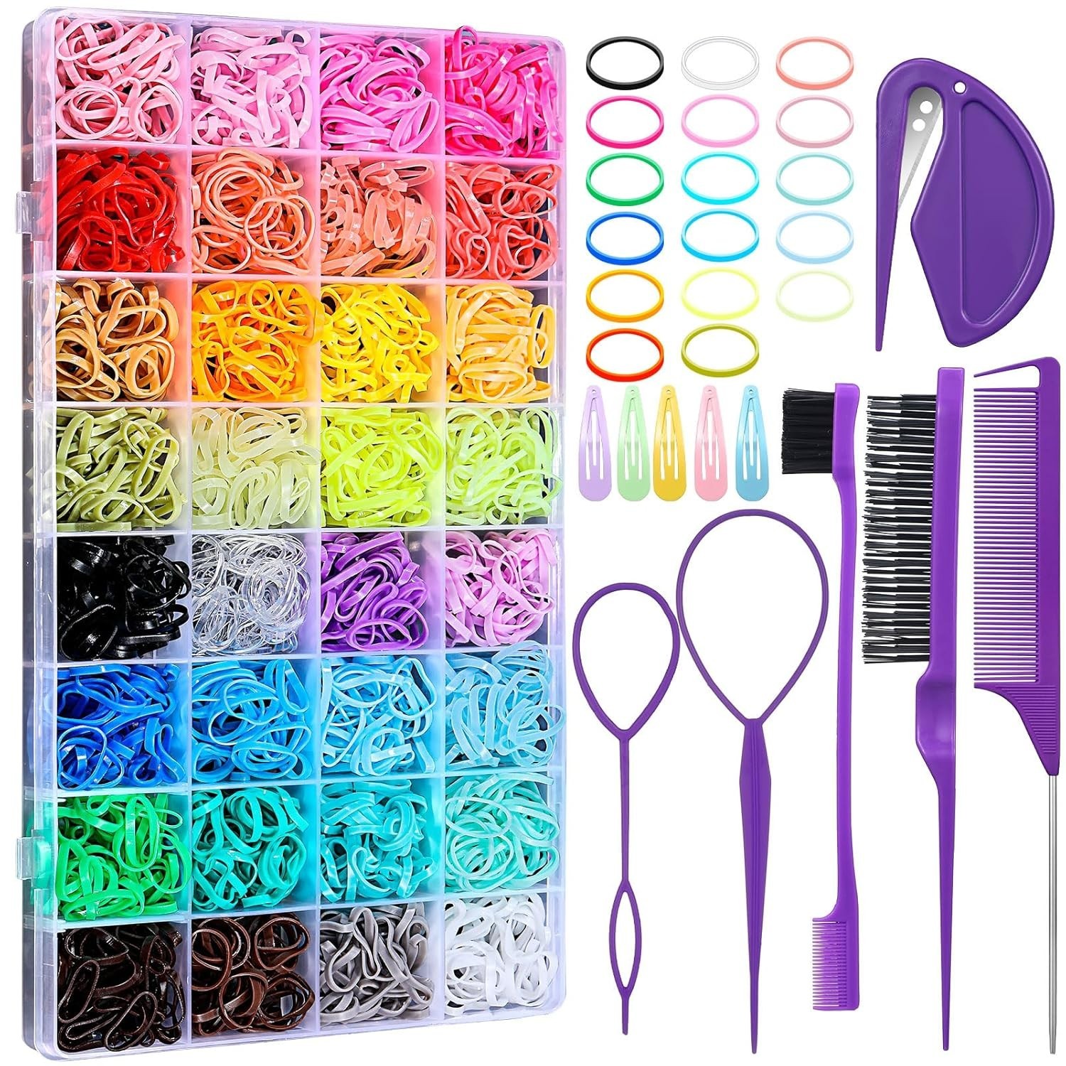 Hair Rubber Bands 2000 Pack 32 Colors Mini Elastic Ties w Styling Tools