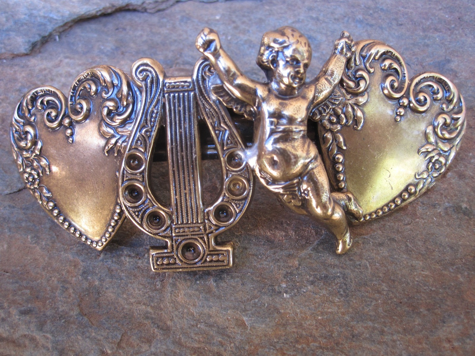 Vintage New Barrette Angel, Harp & Hearts Brass Choice of Colors Made in USA 040
