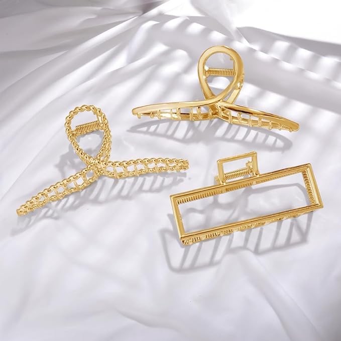 Metal Gold Large Hair Claw Clips for Women, 1 Count (Pack of 3),