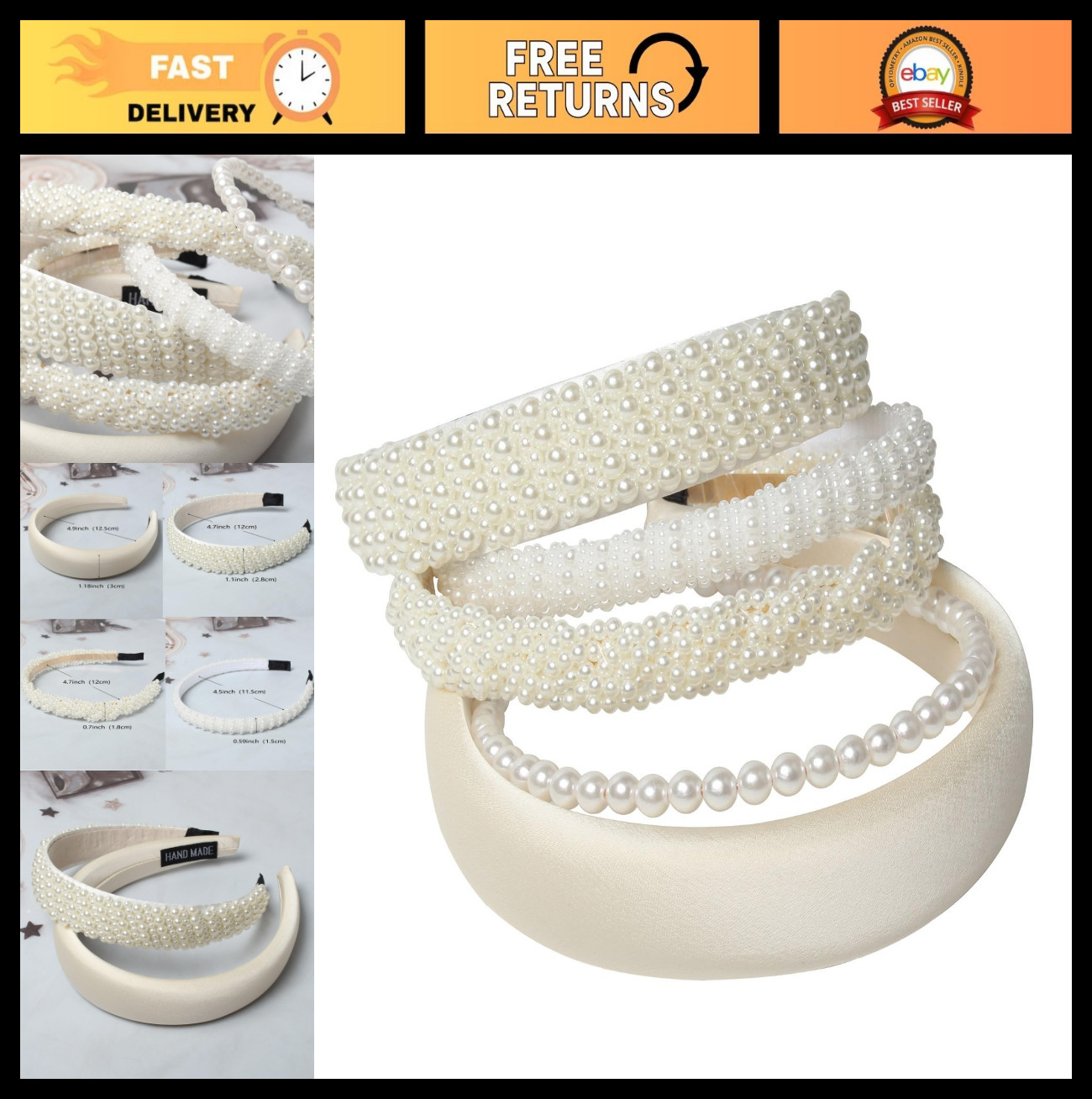 5PK White Pearl Headbands for Women & Girls – Cute Dainty Hair Accessories, Blin