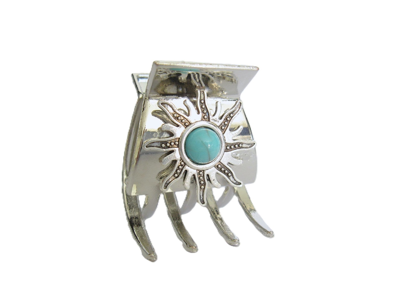 Small/medium turquoise blue silver sun metal native tribal hair claw clip