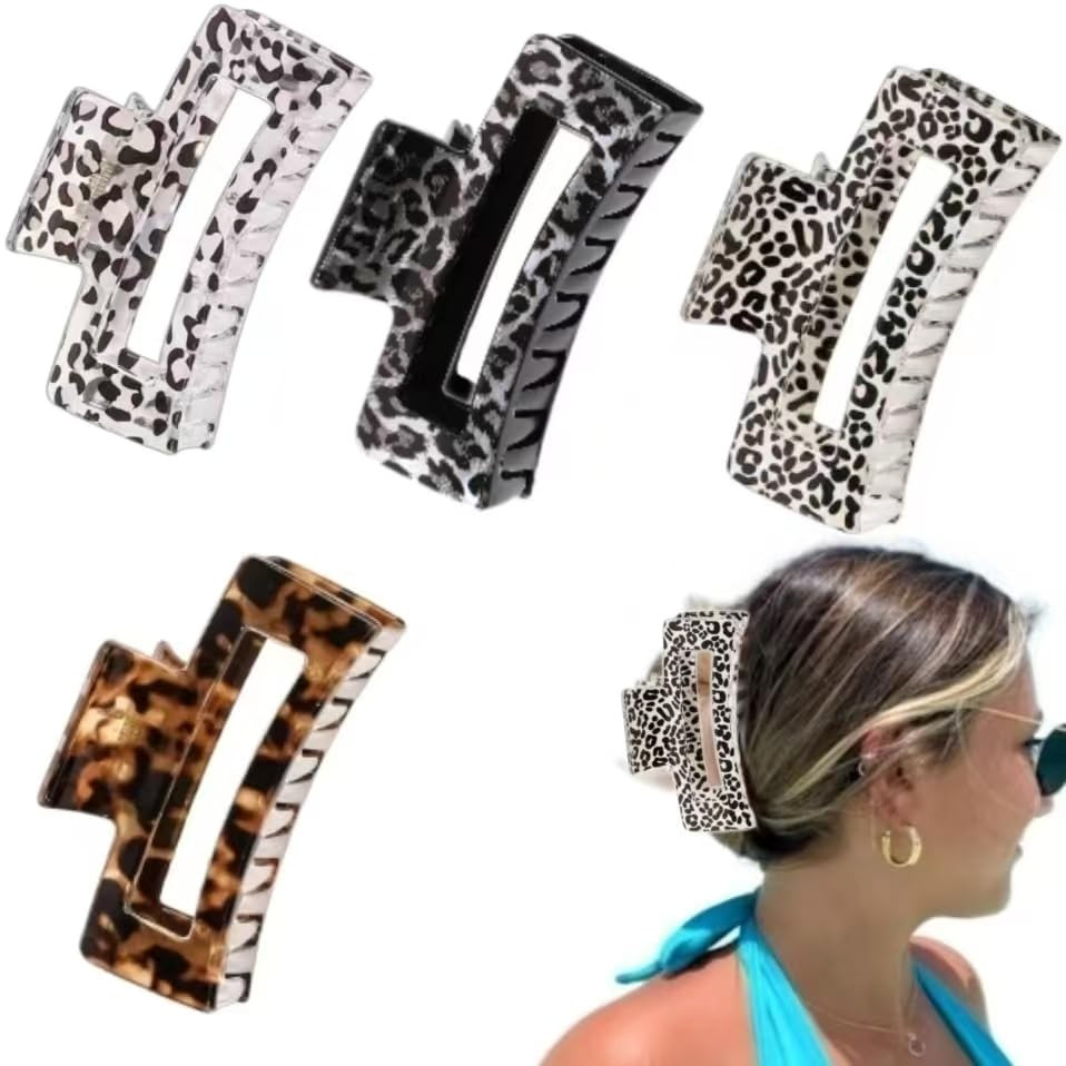 4PCS Leopard Print Hair Claw Clips Non Slip Strong Hold 8.5cm French Jaw Clips