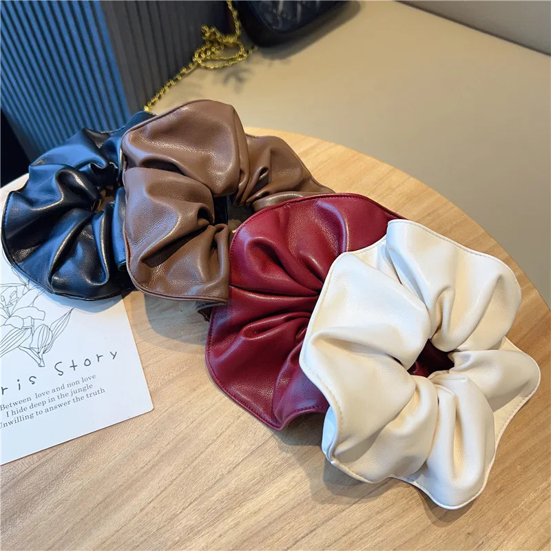 Luxury Oversized PU Leather Hair Scrunchies Autumn Winter Solid Color Big Hair T