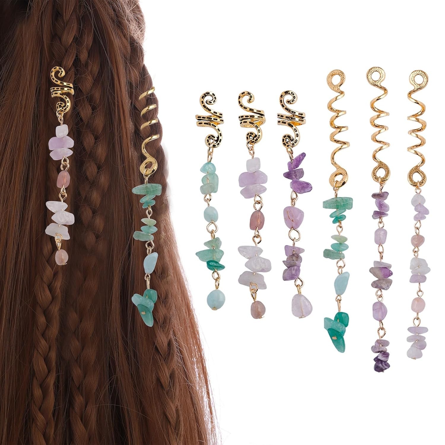 FRDTLUTHW Colored Natural Stone Pendant Hair Jewelry for Braids, Crystal Dreadlo