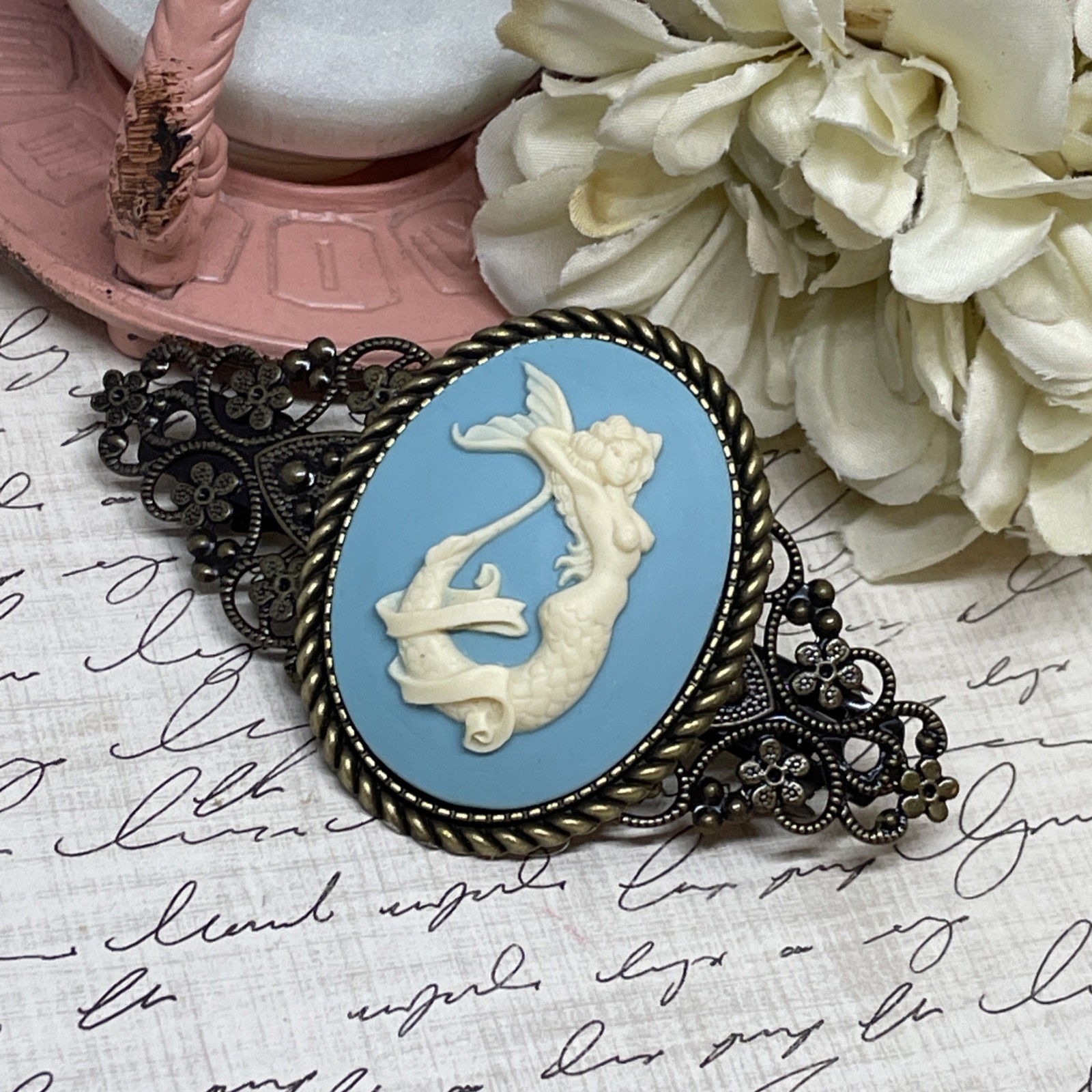 Beach Mermaid VALENTINE Gift Mom Wife Bride Cameo Pin Hair Clip Jewelry Sea Life
