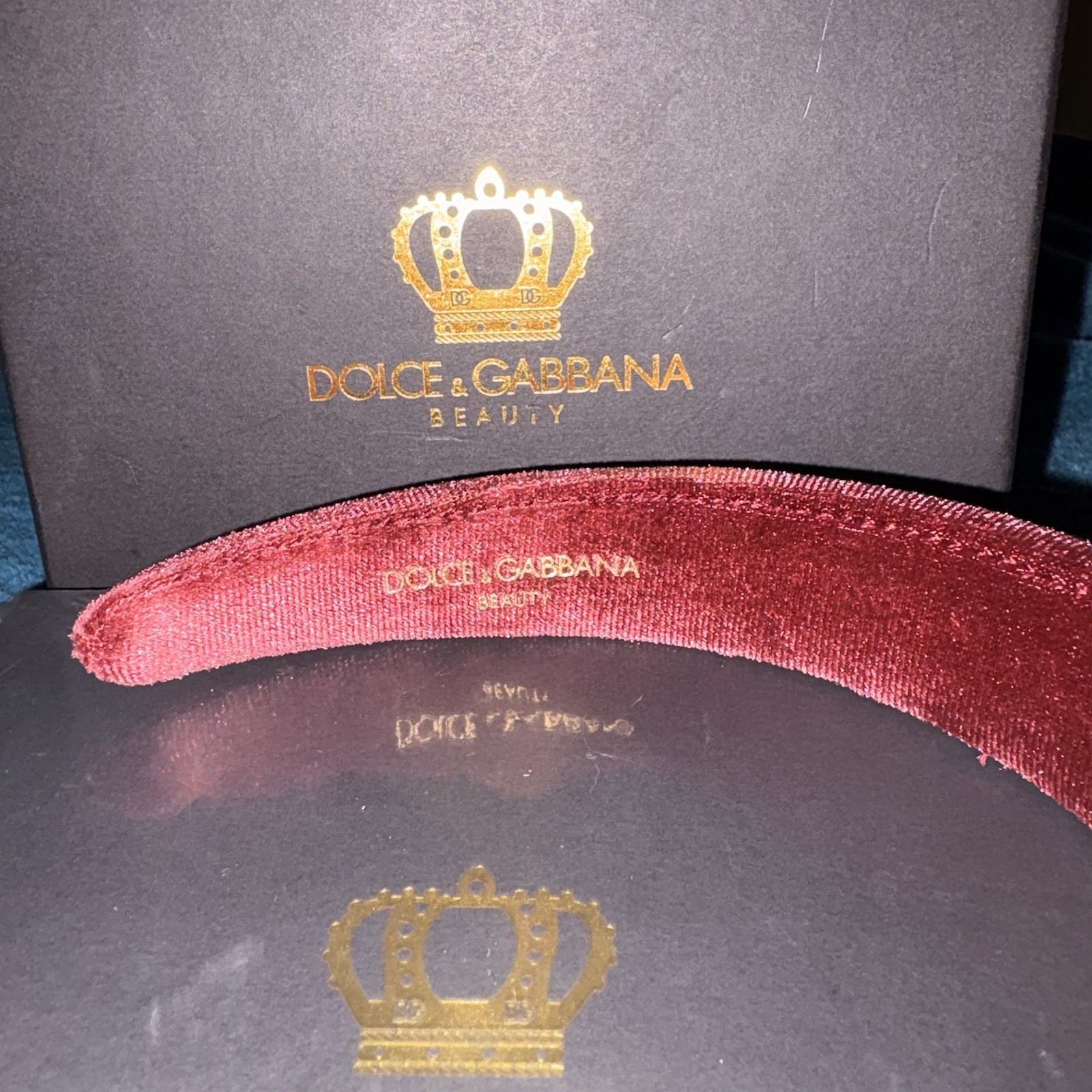 2 Dolce & Gabbana Beauty Burgundy Velvet Padded Headband Crown Logo Women’s