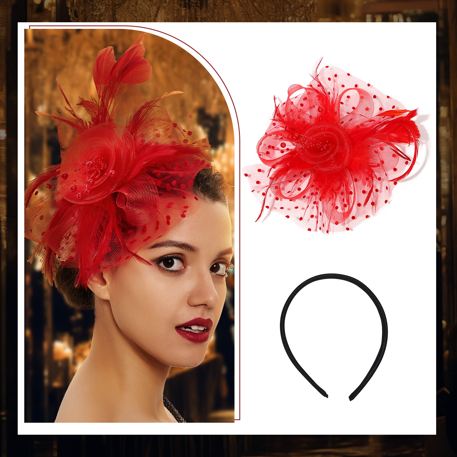 Women’s Red Feather Headdress with Hair Clip Derby Mesh Headband for Tea Party