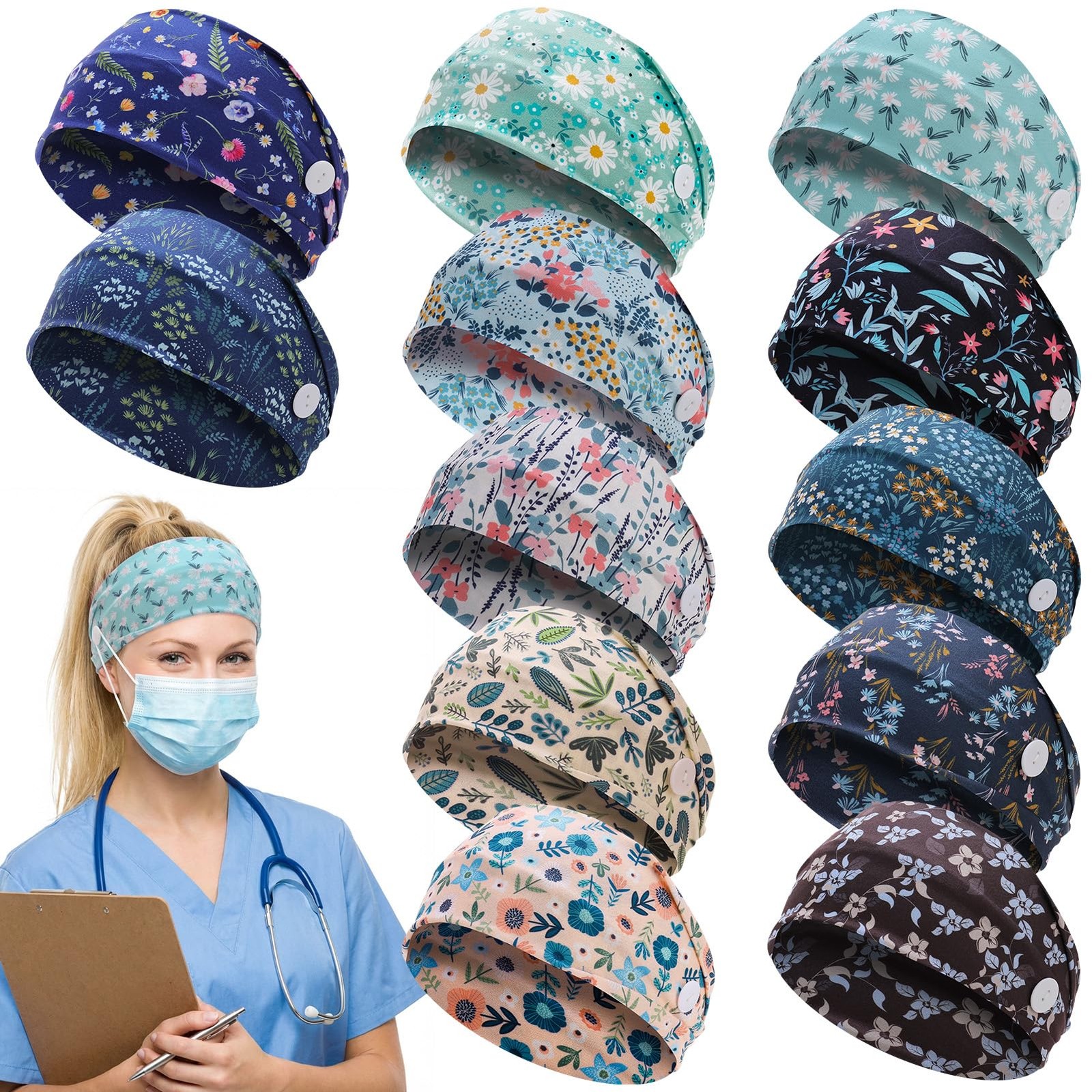 12 Pcs Nurse Headbands for – Non Slip Nursing Headbands with Buttons Wide Ela…