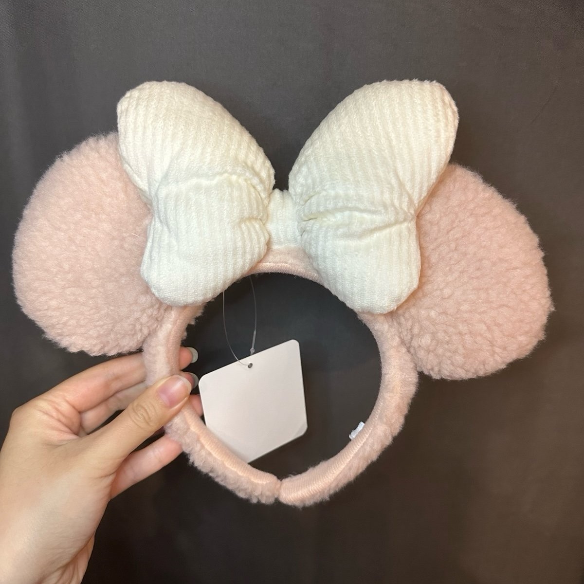 Tokyo Disney pink Sherpa white bow Minnie Mouse Ear Headband Japan new tag