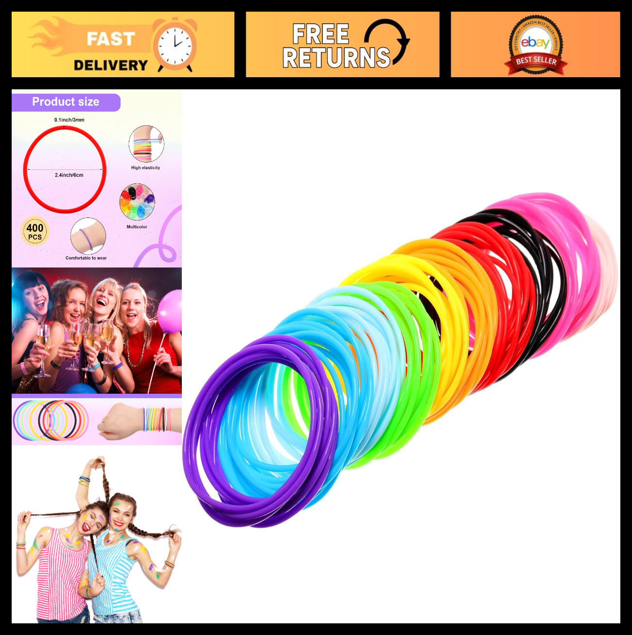 400 Pcs 80s Multicolor Silicone Jelly Bracelets & Hair Ties for Women – Random S