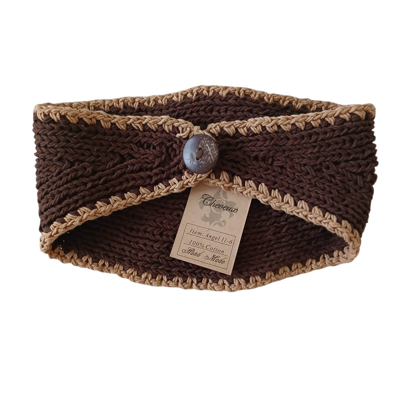 NEW Crochet Flower Butterfly Wide Headband Button Closure Brown Boho Hippie