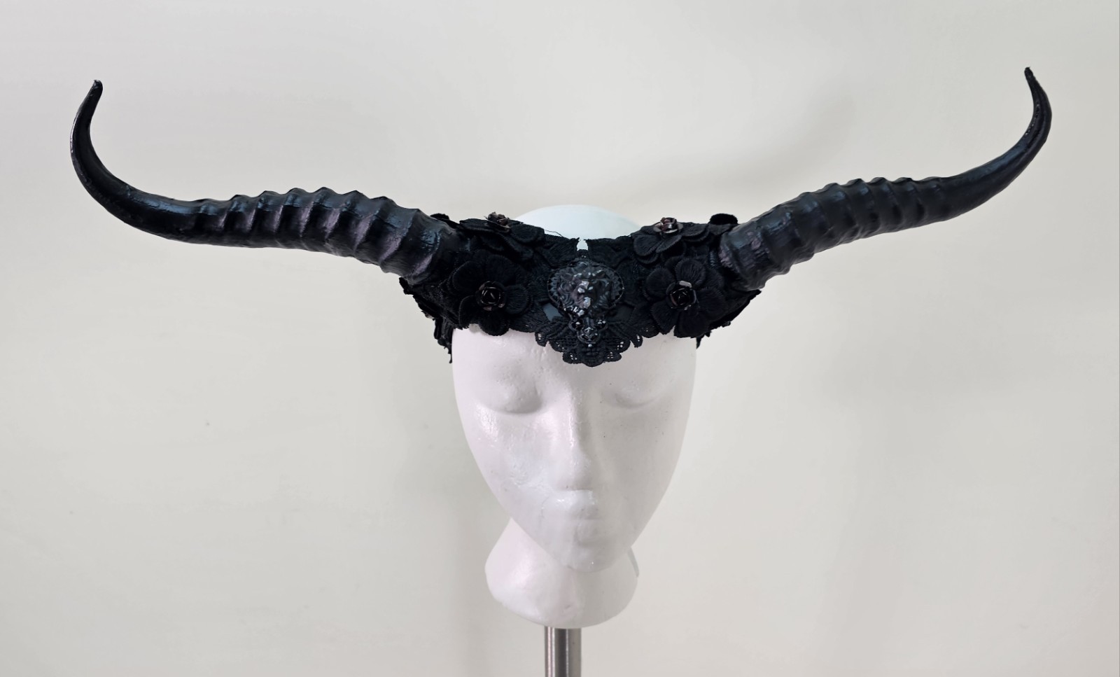 Black Gothic Demon Long Horn Headpiece with Lace for Halloween Masquerade