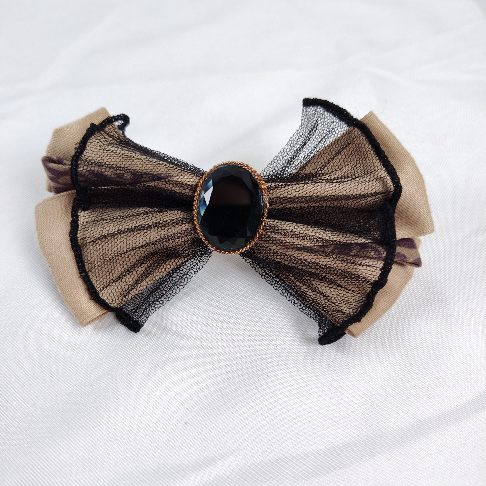 Vintage Dark Romantic Tulle Bow Barrette Made in France Glass Stone
