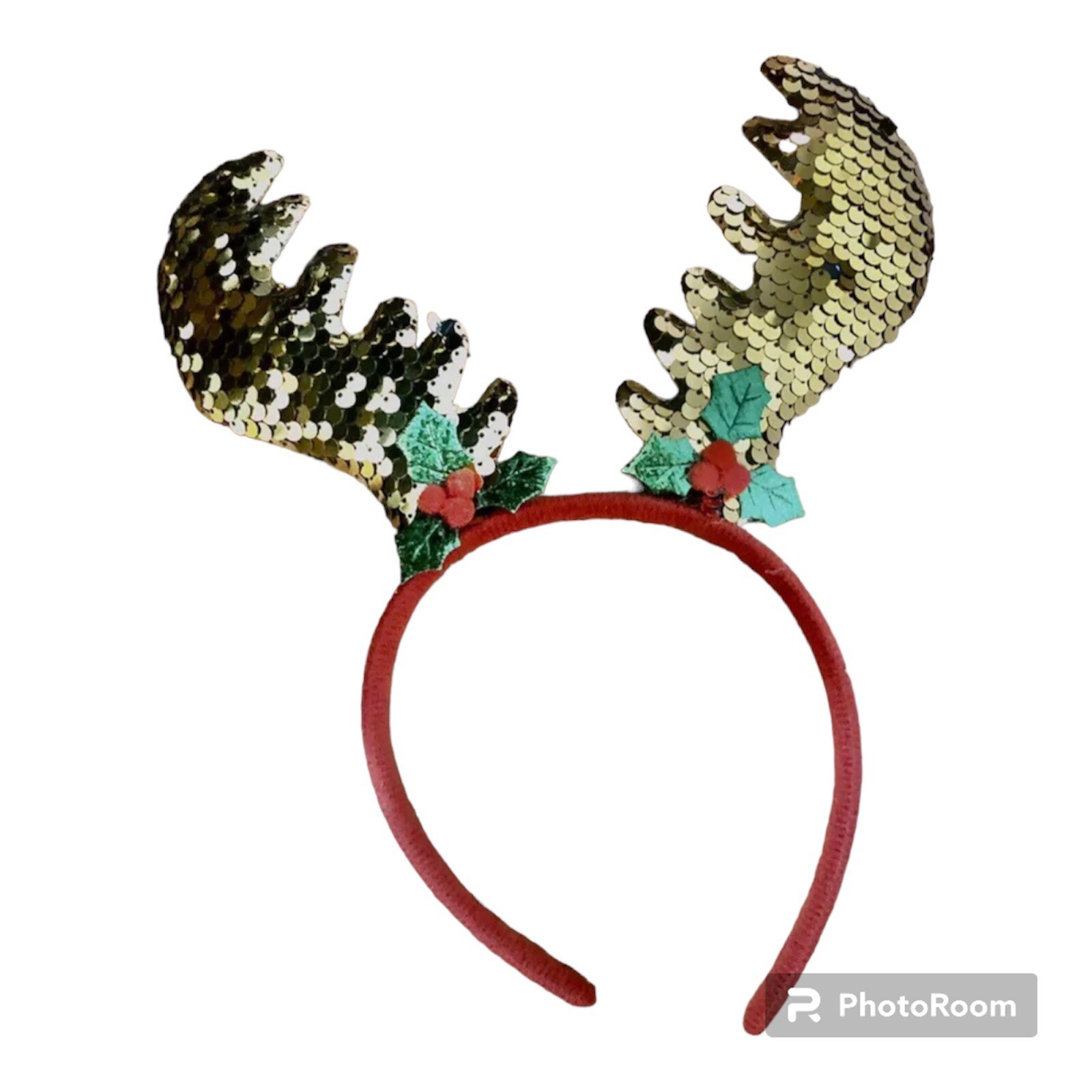 Christmas Reindeer Antler Headband Gold Sequin Holly Berry Holiday Costume
