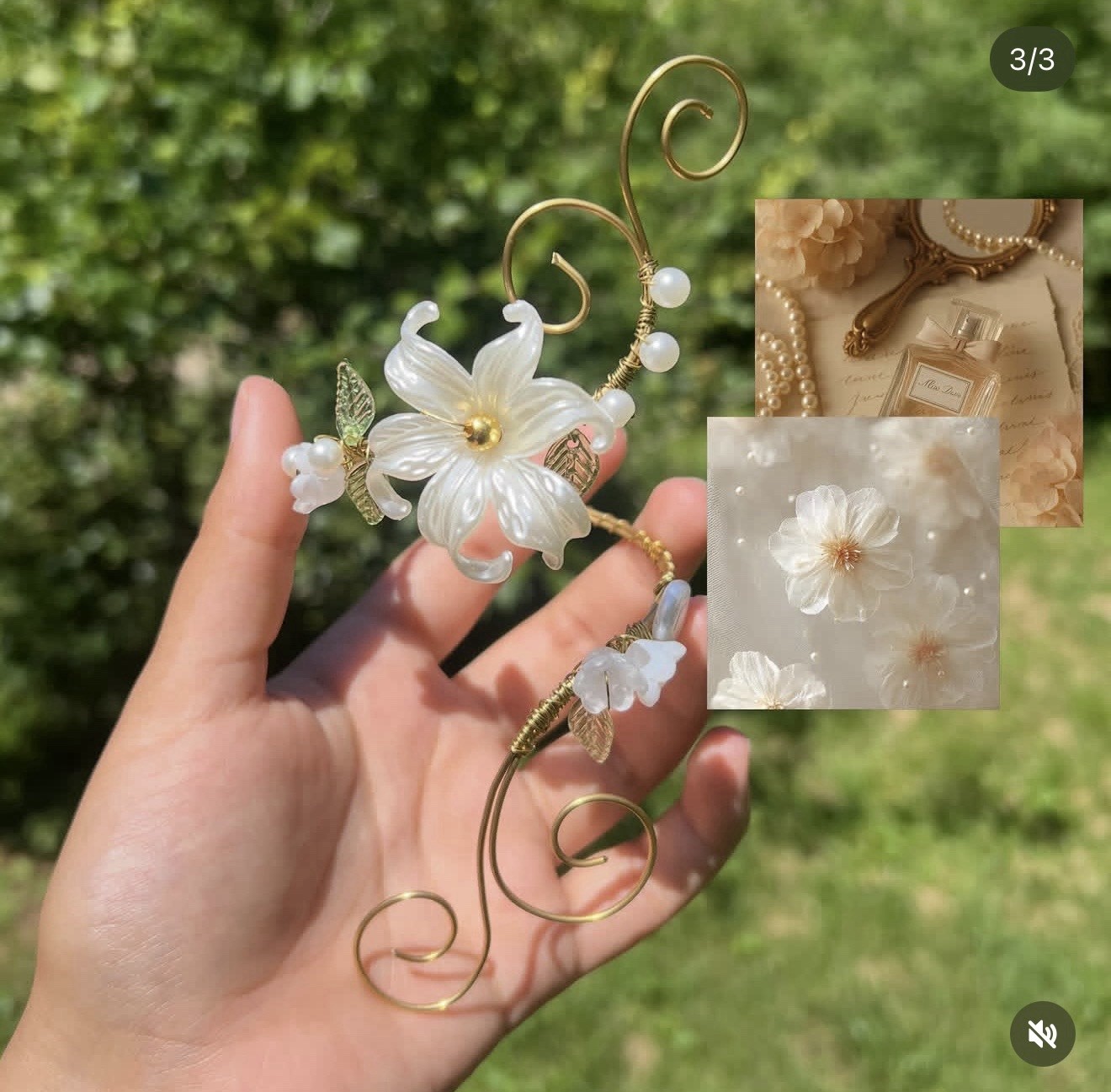 Gold Floral Wire Headpiece, White Flower & Beaded Accents for Wedding Party