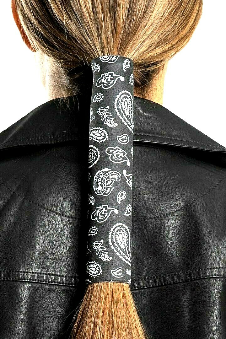Hair Glove® Neoprene Black & White Paisley Ponytail Holder Hair 8″