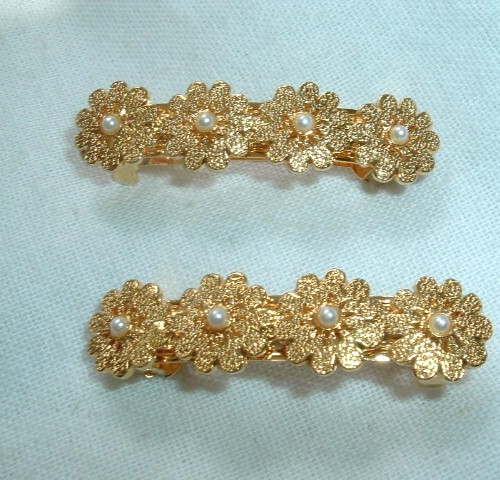 Pair Golden Flowers White Seed Pearl 2″ Hair Barrettes NWT