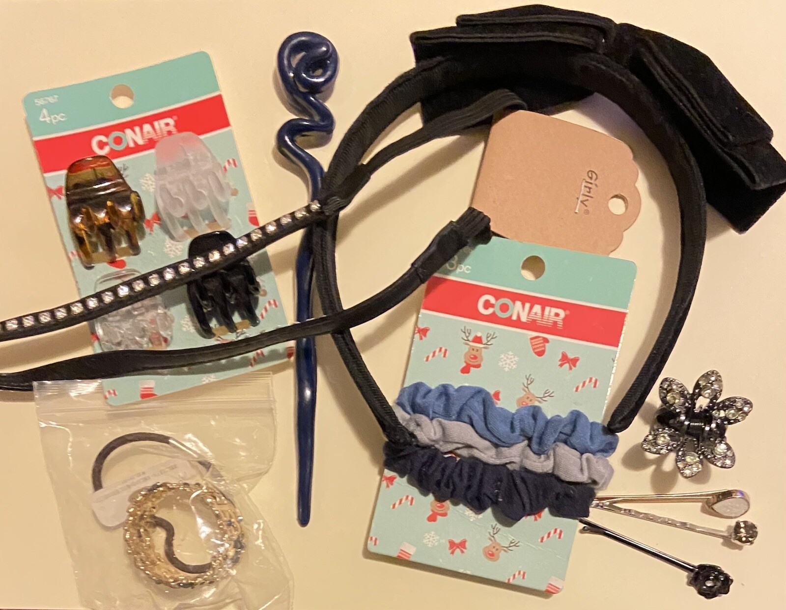 Lot Of 10 Assorted Hair Accessories Conair Bobby Pins Rhinestone Clips Bands Etc